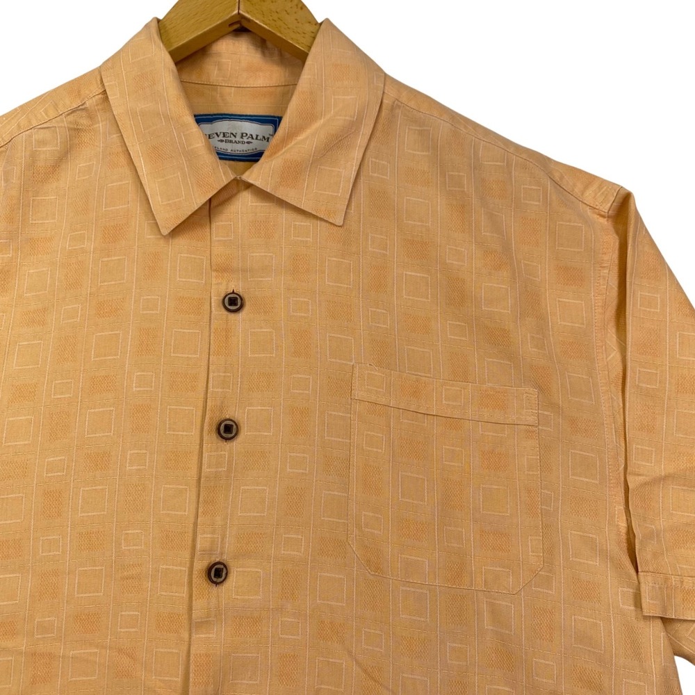 Seven Palm Button Down Shirt Mens L Peach Silk Jacquard Geometric Camp Short Sl